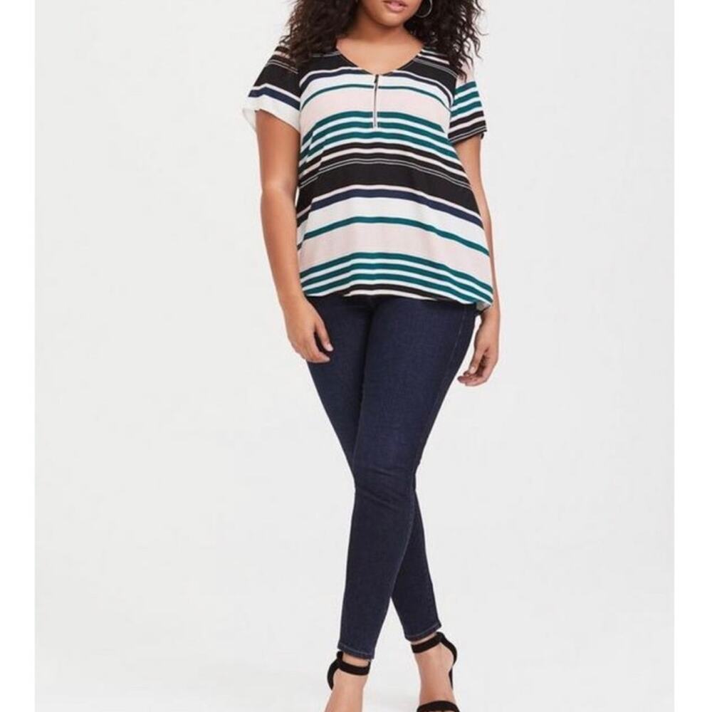 TORRID Pink Green Black White Stripe Zip-Neck Short Sleeve Blouse Size 0 (Large)